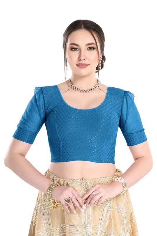 FINESTFIT Readymade Organza Balloon Sleeves Blouse for Women - 100% Cotton Dobby, Round Neckline, Latest Fashion 4520