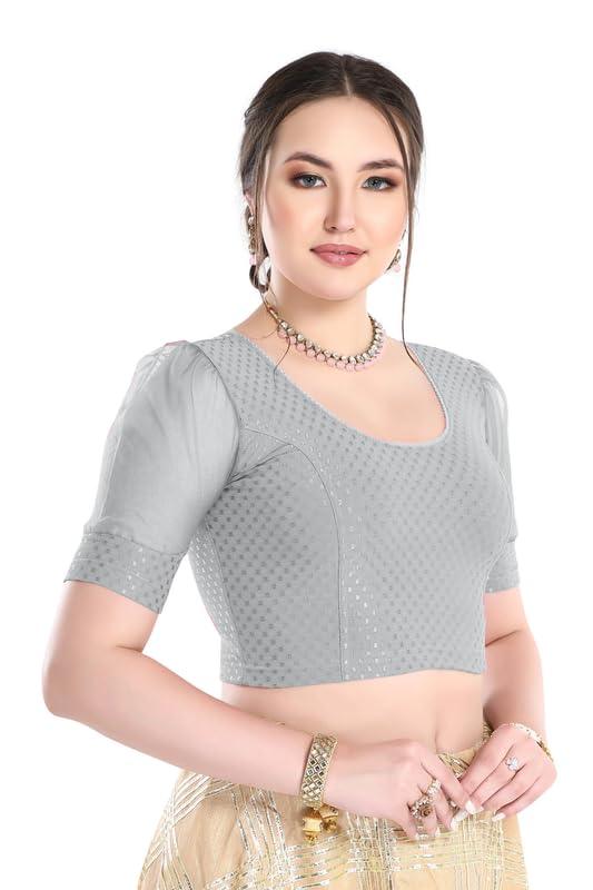 FINESTFIT Stay On Trend Latest Fashion 100% Cotton Dobby Readymade Blouses for Women,Round Neckline with Organza Balloon Sleeves.4520