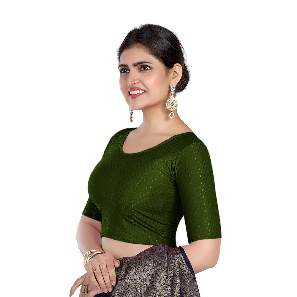 FINESTFIT Round Neck 100% Cotton Dobby Fabric Stretchable Elbow Sleeve Readymade Saree Blouse for Women.4096