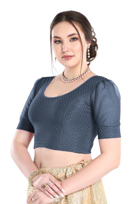 FINESTFIT Stay On Trend Latest Fashion 100% Cotton Dobby Readymade Blouses for Women,Round Neckline with Organza Balloon Sleeves.4520