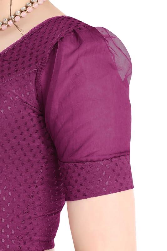 FINESTFIT Stay On Trend Latest Fashion 100% Cotton Dobby Readymade Blouses for Women,Round Neckline with Organza Balloon Sleeves.4520