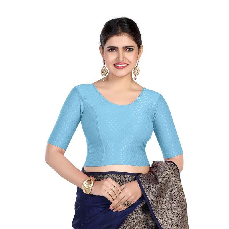 FINESTFIT Round Neck 100% Cotton Dobby Fabric Stretchable Elbow Sleeve Readymade Saree Blouse for Women.4096