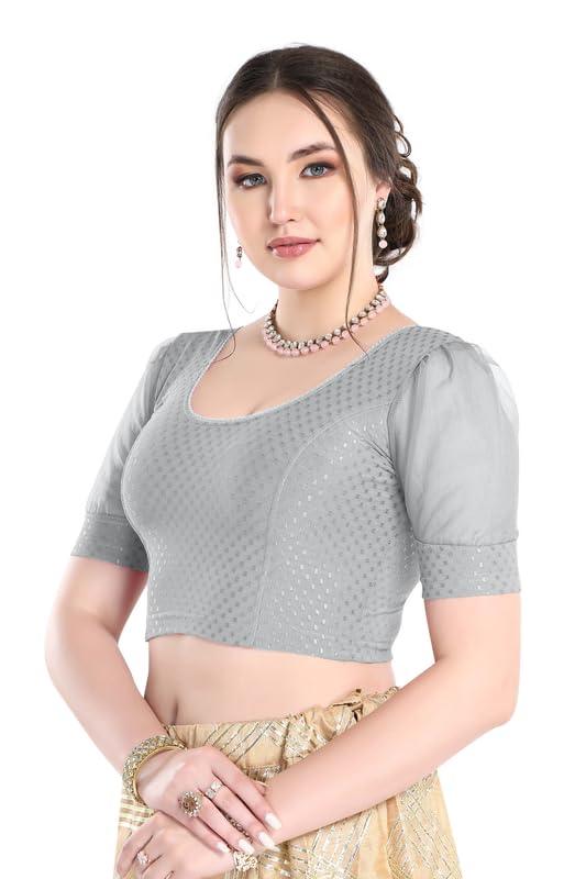 FINESTFIT Stay On Trend Latest Fashion 100% Cotton Dobby Readymade Blouses for Women,Round Neckline with Organza Balloon Sleeves.4520