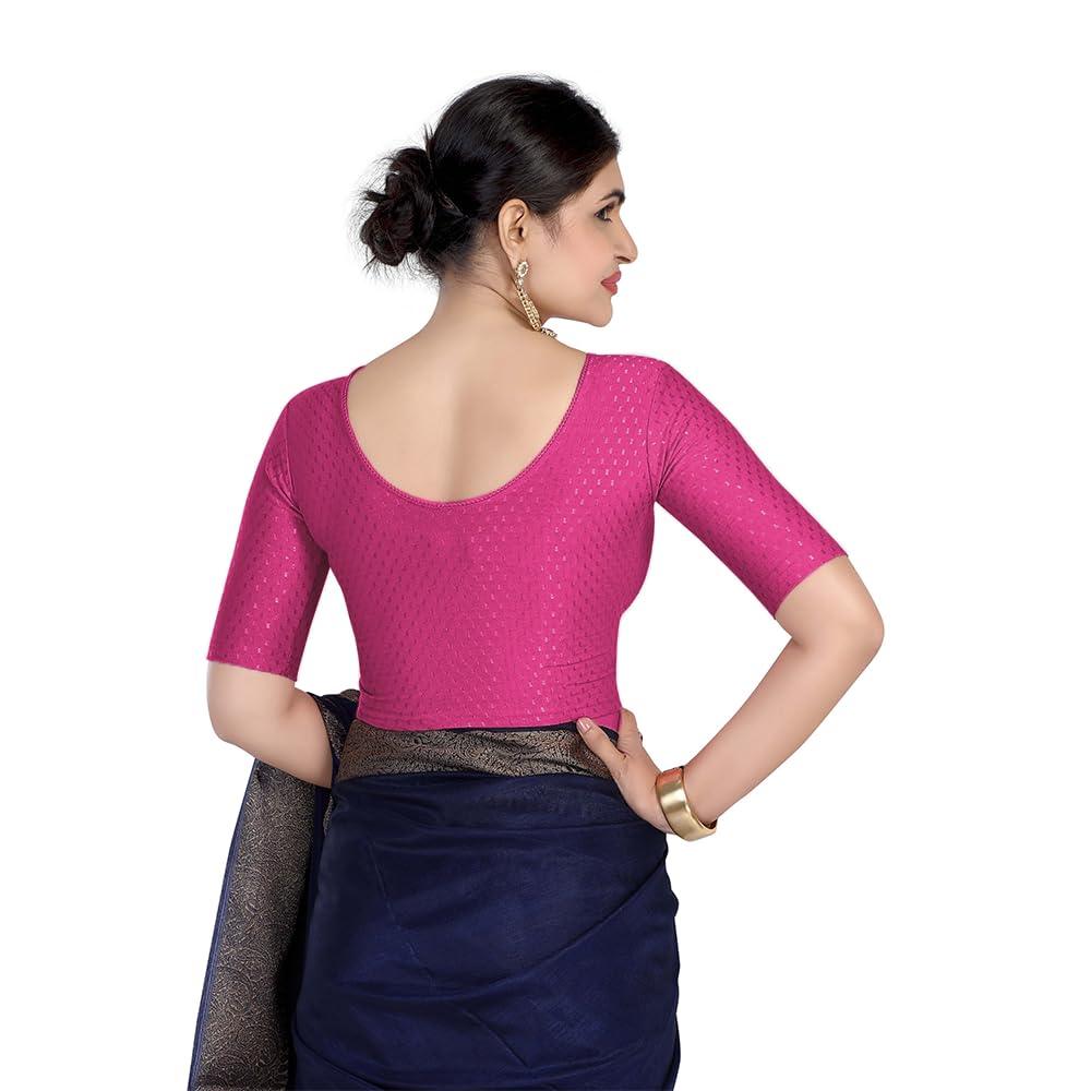 FINESTFIT Round Neck 100% Cotton Dobby Fabric Stretchable Elbow Sleeve Readymade Saree Blouse for Women.4096