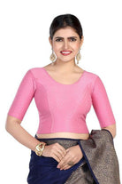 FINESTFIT Round Neck 100% Cotton Dobby Fabric Stretchable Elbow Sleeve Readymade Saree Blouse for Women.4096