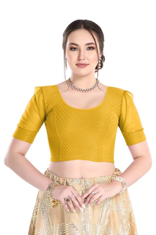 FINESTFIT Stay On Trend Latest Fashion 100% Cotton Dobby Readymade Blouses for Women,Round Neckline with Organza Balloon Sleeves.4520