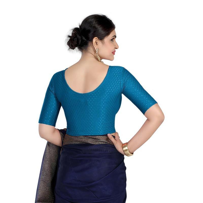 FINESTFIT Round Neck 100% Cotton Dobby Fabric Stretchable Elbow Sleeve Readymade Saree Blouse for Women.4096