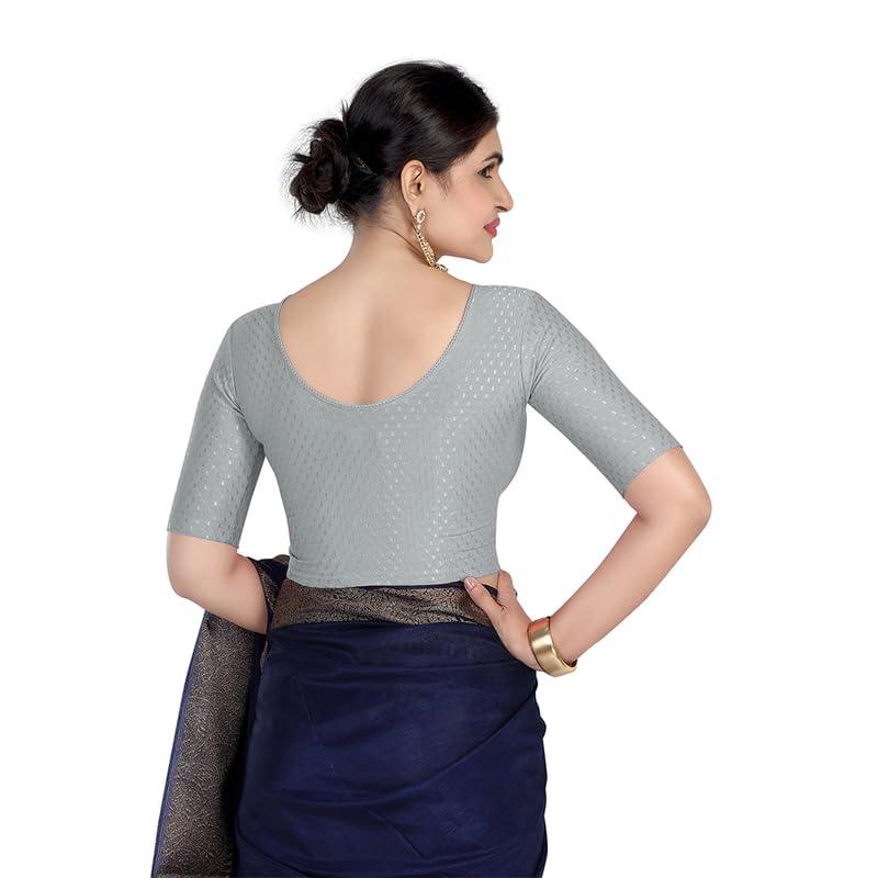 FINESTFIT Round Neck 100% Cotton Dobby Fabric Stretchable Elbow Sleeve Readymade Saree Blouse for Women.4096