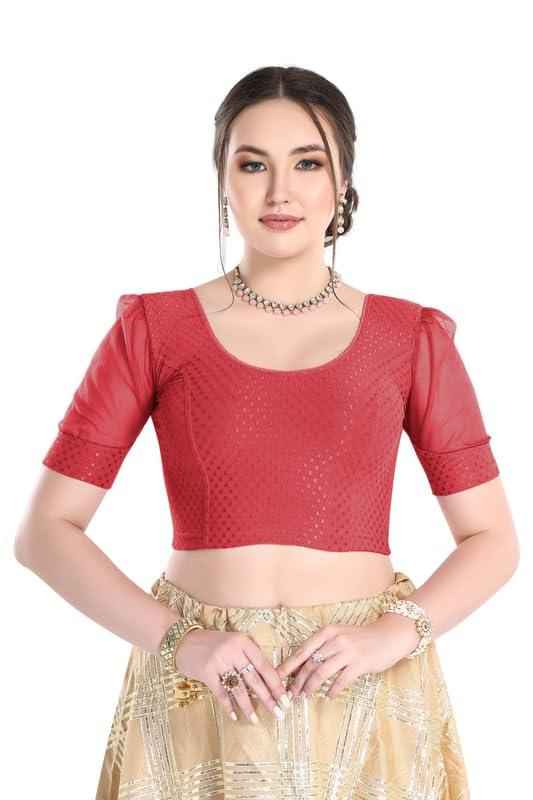 FINESTFIT Readymade Organza Balloon Sleeves Blouse for Women - 100% Cotton Dobby, Round Neckline, Latest Fashion 4520