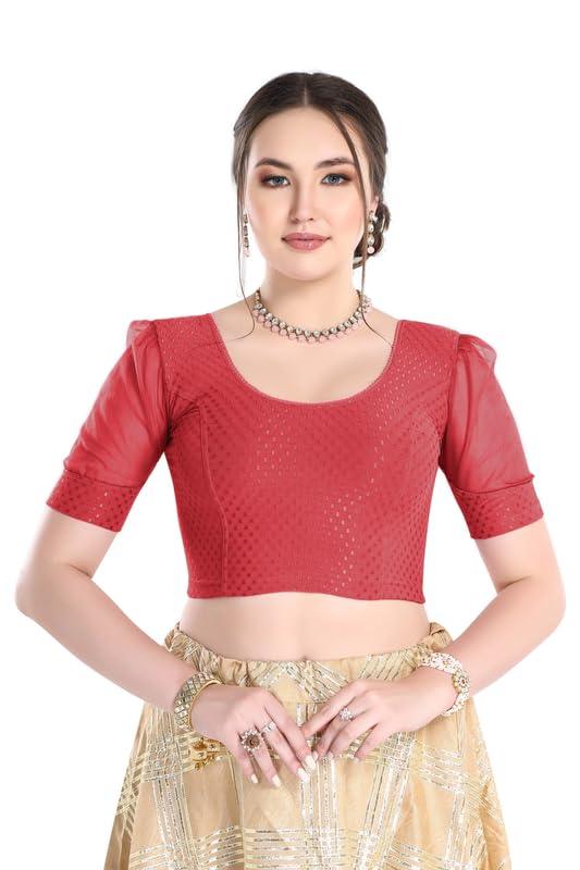 FINESTFIT Stay On Trend Latest Fashion 100% Cotton Dobby Readymade Blouses for Women,Round Neckline with Organza Balloon Sleeves.4520