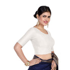 FINESTFIT Round Neck 100% Cotton Dobby Fabric Stretchable Elbow Sleeve Readymade Saree Blouse for Women.4096