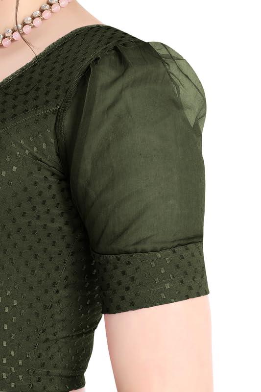 FINESTFIT Stay On Trend Latest Fashion 100% Cotton Dobby Readymade Blouses for Women,Round Neckline with Organza Balloon Sleeves.4520