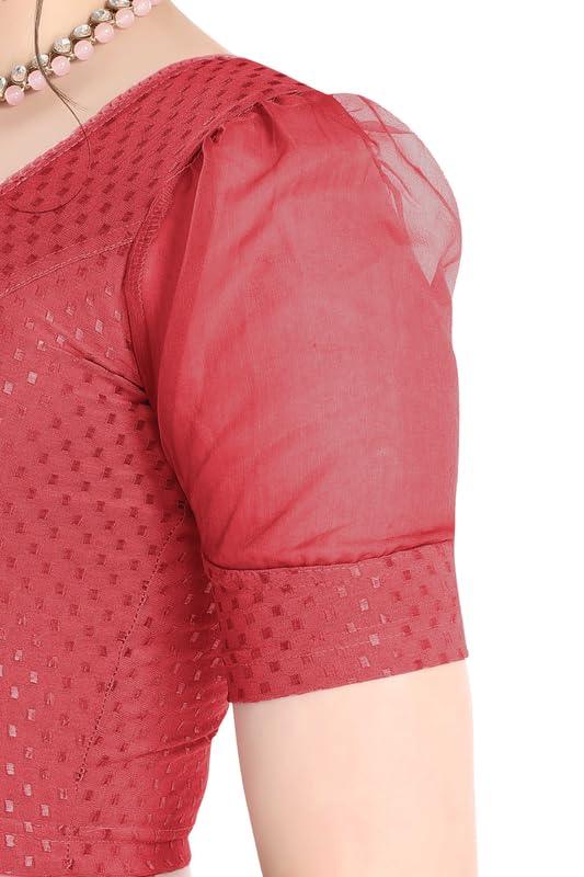 FINESTFIT Stay On Trend Latest Fashion 100% Cotton Dobby Readymade Blouses for Women,Round Neckline with Organza Balloon Sleeves.4520