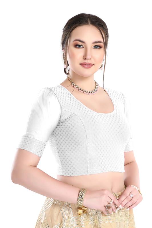 FINESTFIT Stay On Trend Latest Fashion 100% Cotton Dobby Readymade Blouses for Women,Round Neckline with Organza Balloon Sleeves.4520