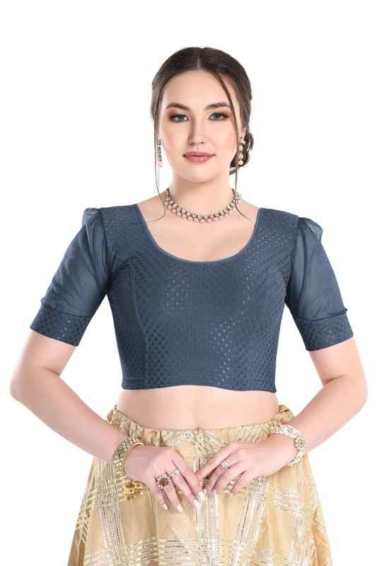 FINESTFIT Readymade Organza Balloon Sleeves Blouse for Women - 100% Cotton Dobby, Round Neckline, Latest Fashion 4520