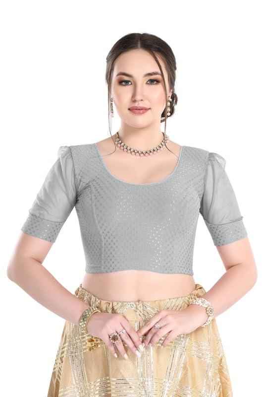 FINESTFIT Readymade Organza Balloon Sleeves Blouse for Women - 100% Cotton Dobby, Round Neckline, Latest Fashion 4520