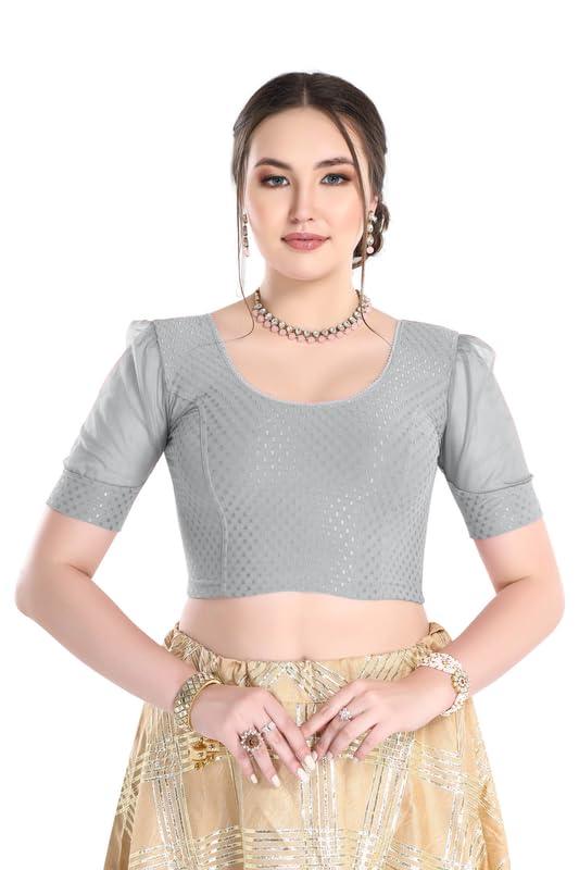 FINESTFIT Stay On Trend Latest Fashion 100% Cotton Dobby Readymade Blouses for Women,Round Neckline with Organza Balloon Sleeves.4520