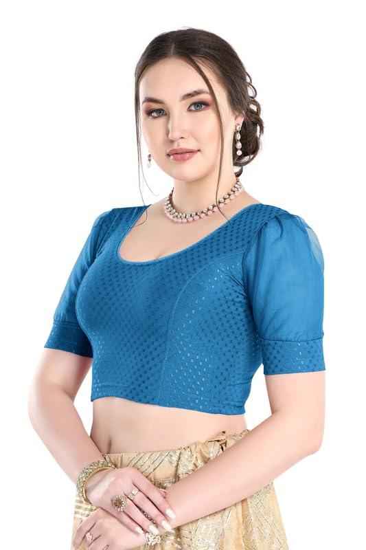 FINESTFIT Readymade Organza Balloon Sleeves Blouse for Women - 100% Cotton Dobby, Round Neckline, Latest Fashion 4520