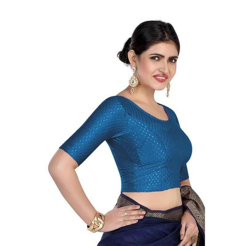 FINESTFIT 100% Cotton Fabric Stretchable Round Neck Elbow Sleeve Readymade Saree Blouse for Women - 4096 (Copy)