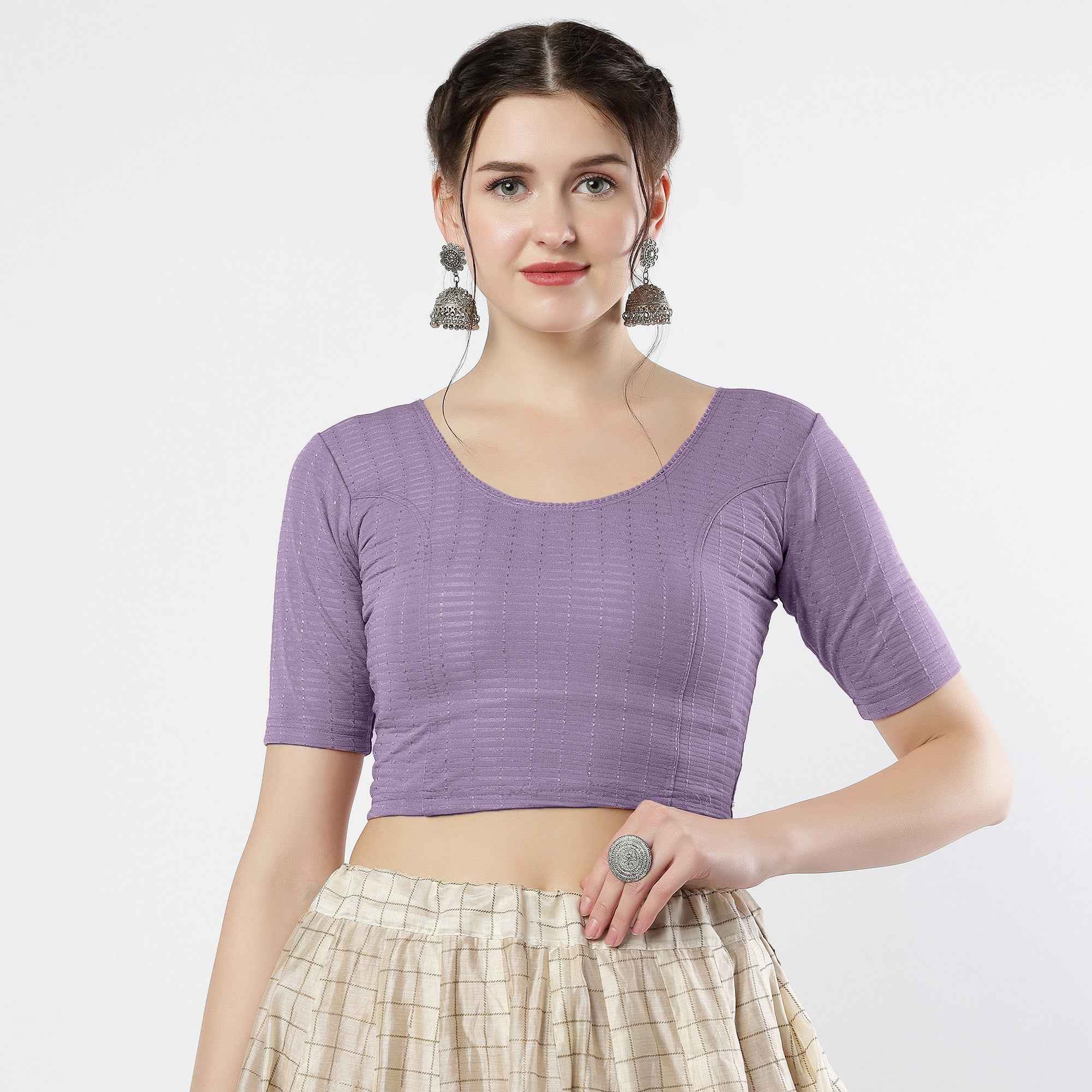 Stay On Trend: Latest Fashion Readymade Blouses for Women,round neckline,elbow sleeves with back details with an added hand dyed patch applique stitched on the net .40005