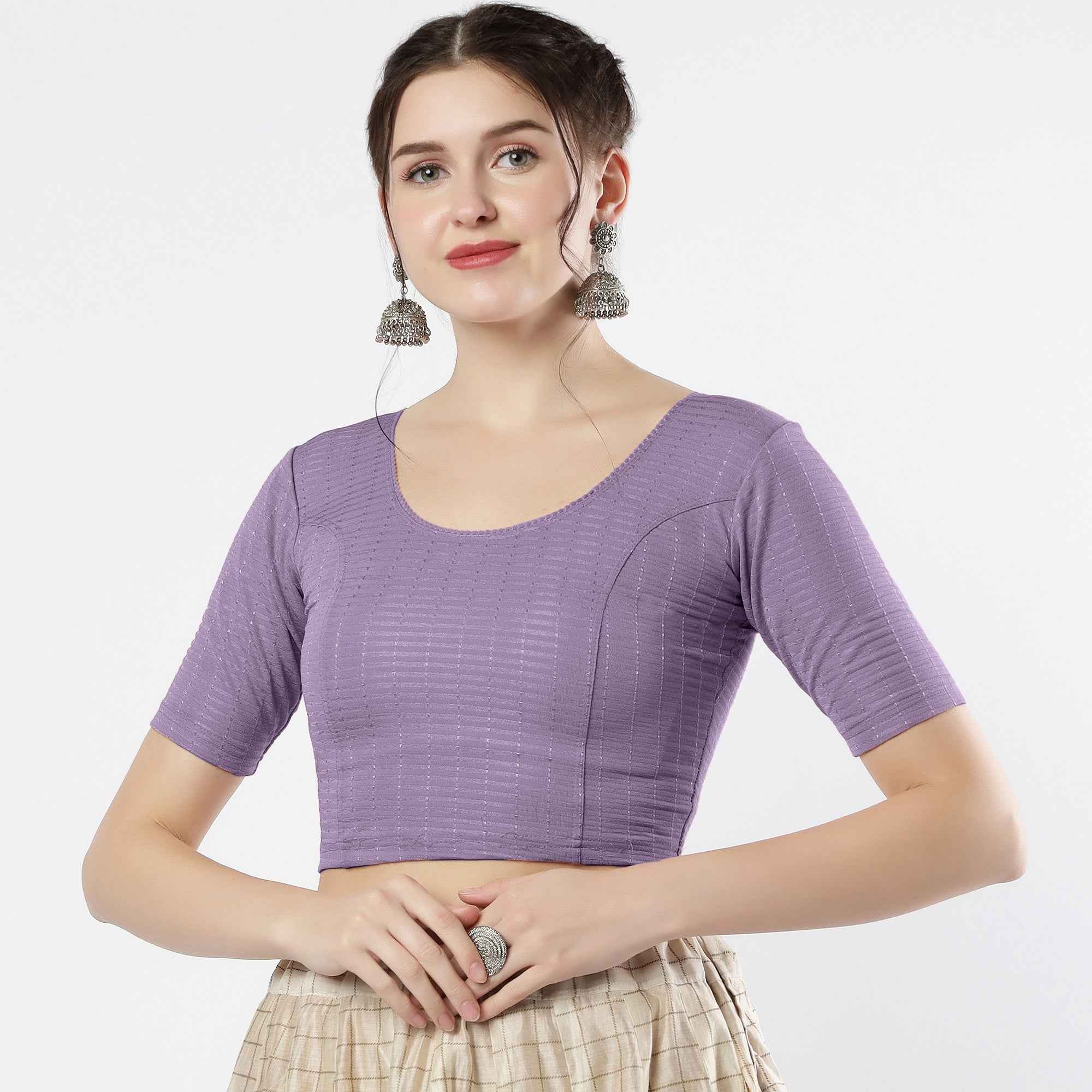 Stay On Trend: Latest Fashion Readymade Blouses for Women,round neckline,elbow sleeves with back details with an added hand dyed patch applique stitched on the net .40005