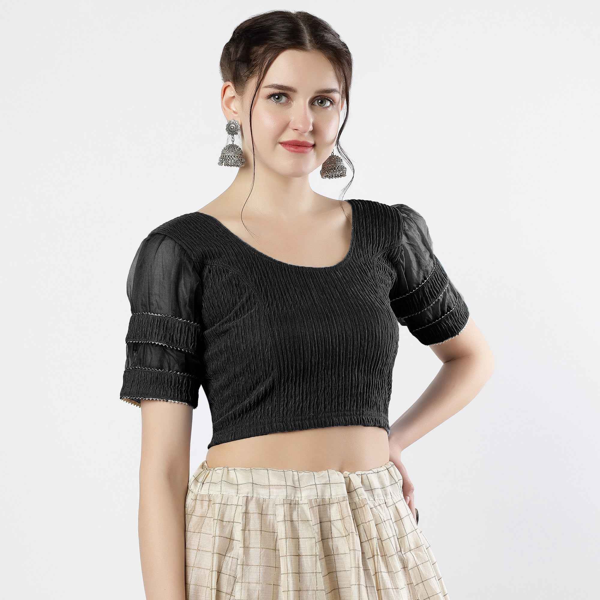 FINESTFIT : STAY ON TREND : Organza Elbow Sleeves Blouse with Fancy Lace - Round Neck, Half and Half Fabric, Women's Fashion 30003