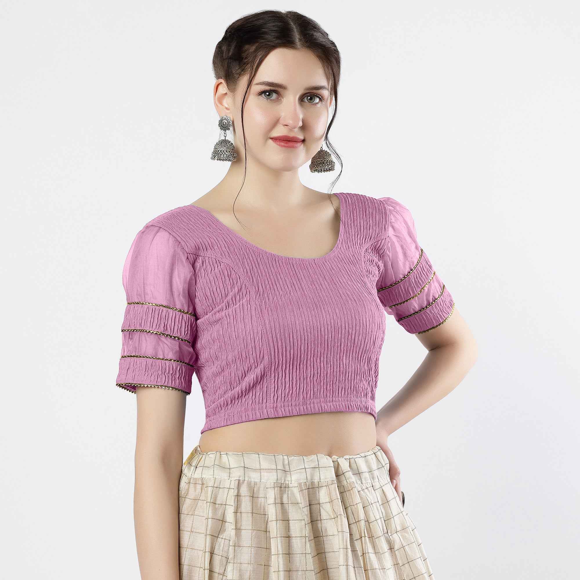 FINESTFIT : STAY ON TREND : Organza Elbow Sleeves Blouse with Fancy Lace - Round Neck, Half and Half Fabric, Women's Fashion 30003