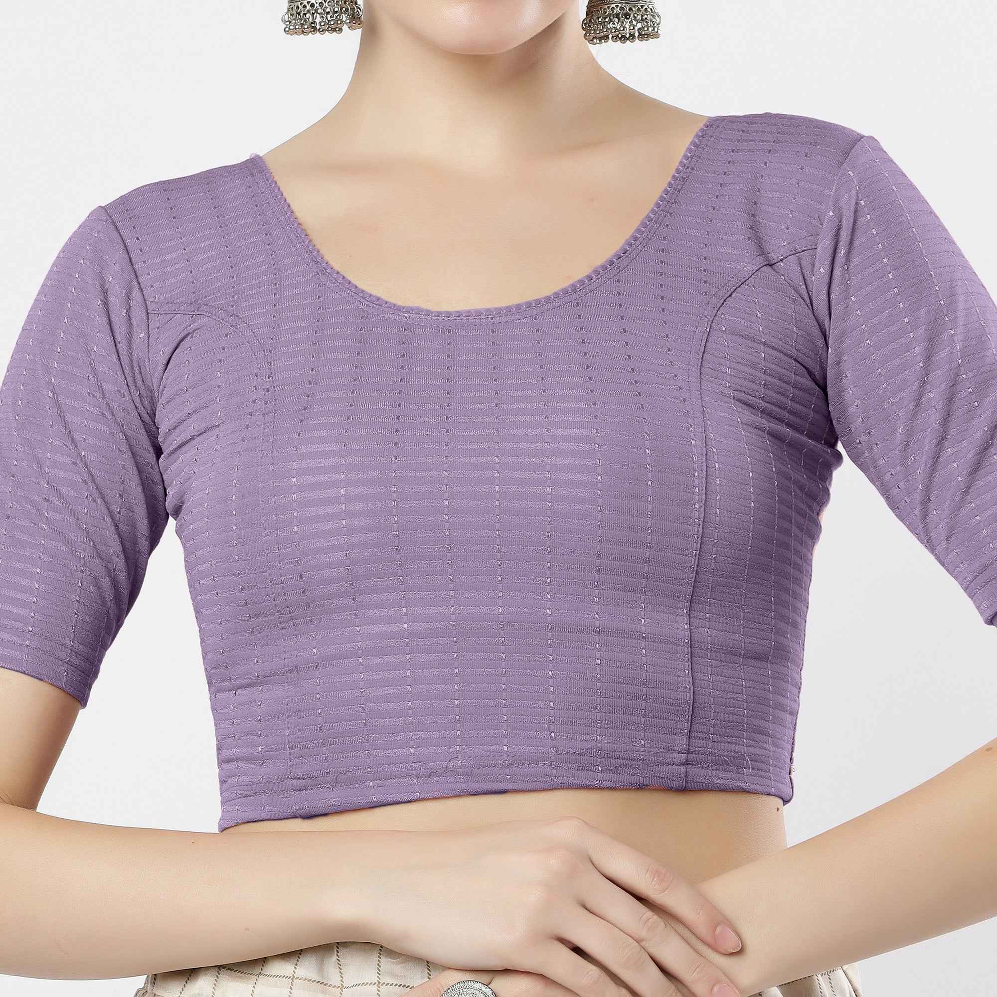 Stay On Trend: Latest Fashion Readymade Blouses for Women,round neckline,elbow sleeves with back details with an added hand dyed patch applique stitched on the net .40005