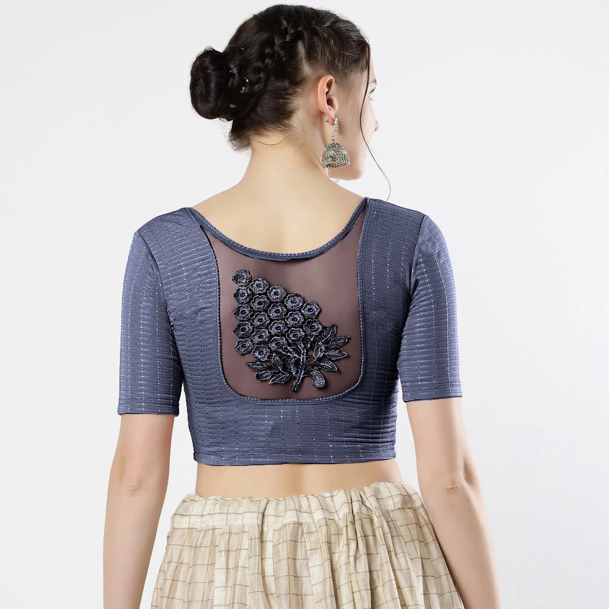 Stay On Trend: Latest Fashion Readymade Blouses for Women,round neckline,elbow sleeves with back details with an added hand dyed patch applique stitched on the net .40005 FINESTFIT