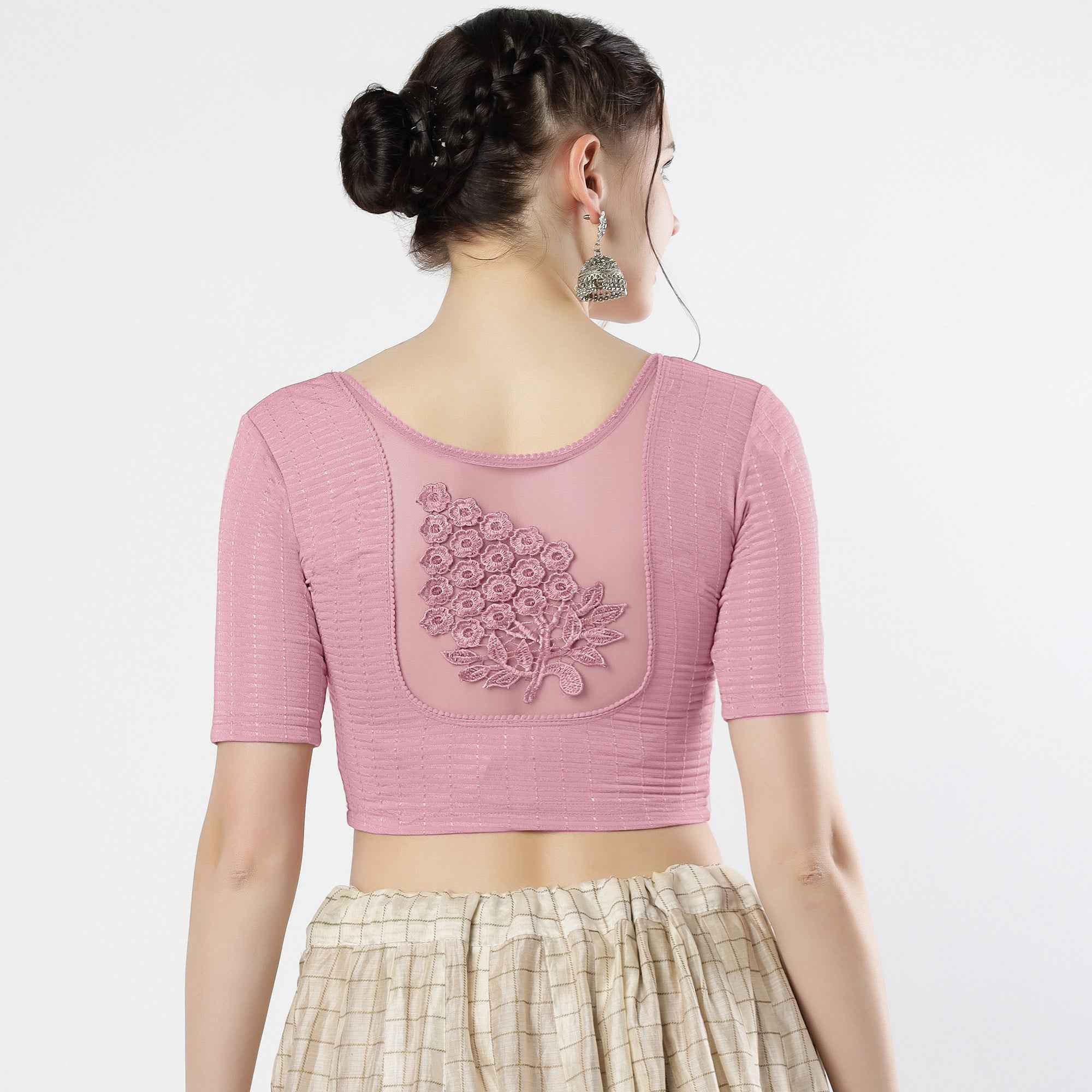 Stay On Trend: Latest Fashion Readymade Blouses for Women,round neckline,elbow sleeves with back details with an added hand dyed patch applique stitched on the net .40005