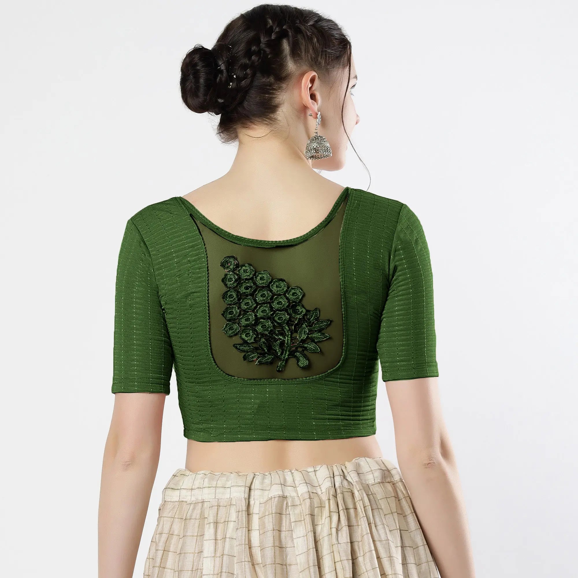 Stay On Trend: Latest Fashion Readymade Blouses for Women,round neckline,elbow sleeves with back details with an added hand dyed patch applique stitched on the net .40005 FINESTFIT