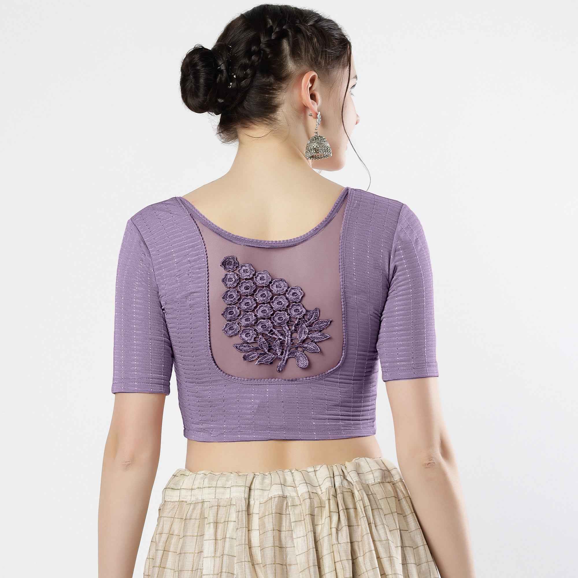 Stay On Trend: Latest Fashion Readymade Blouses for Women,round neckline,elbow sleeves with back details with an added hand dyed patch applique stitched on the net .40005