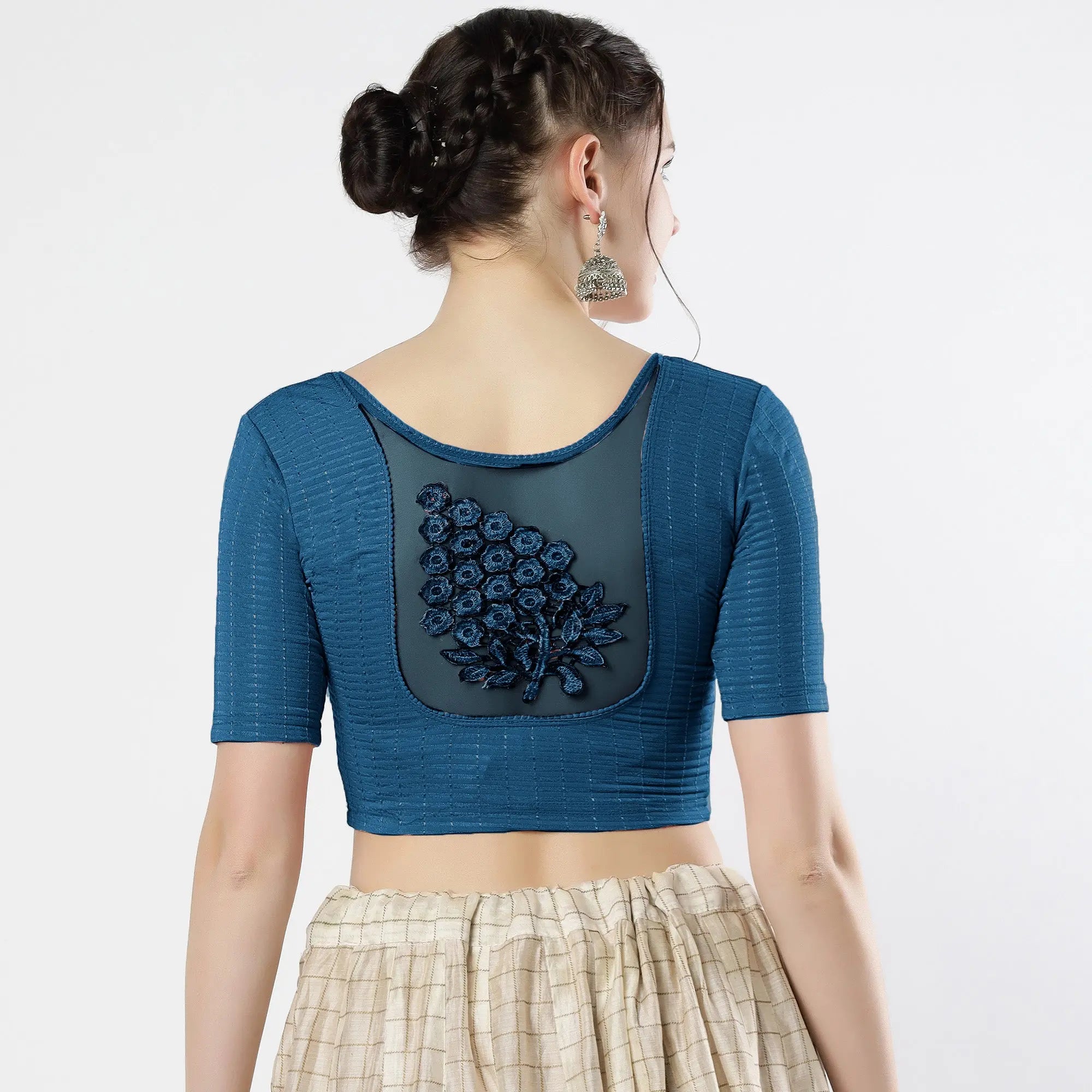 Stay On Trend: Latest Fashion Readymade Blouses for Women,round neckline,elbow sleeves with back details with an added hand dyed patch applique stitched on the net .40005 FINESTFIT