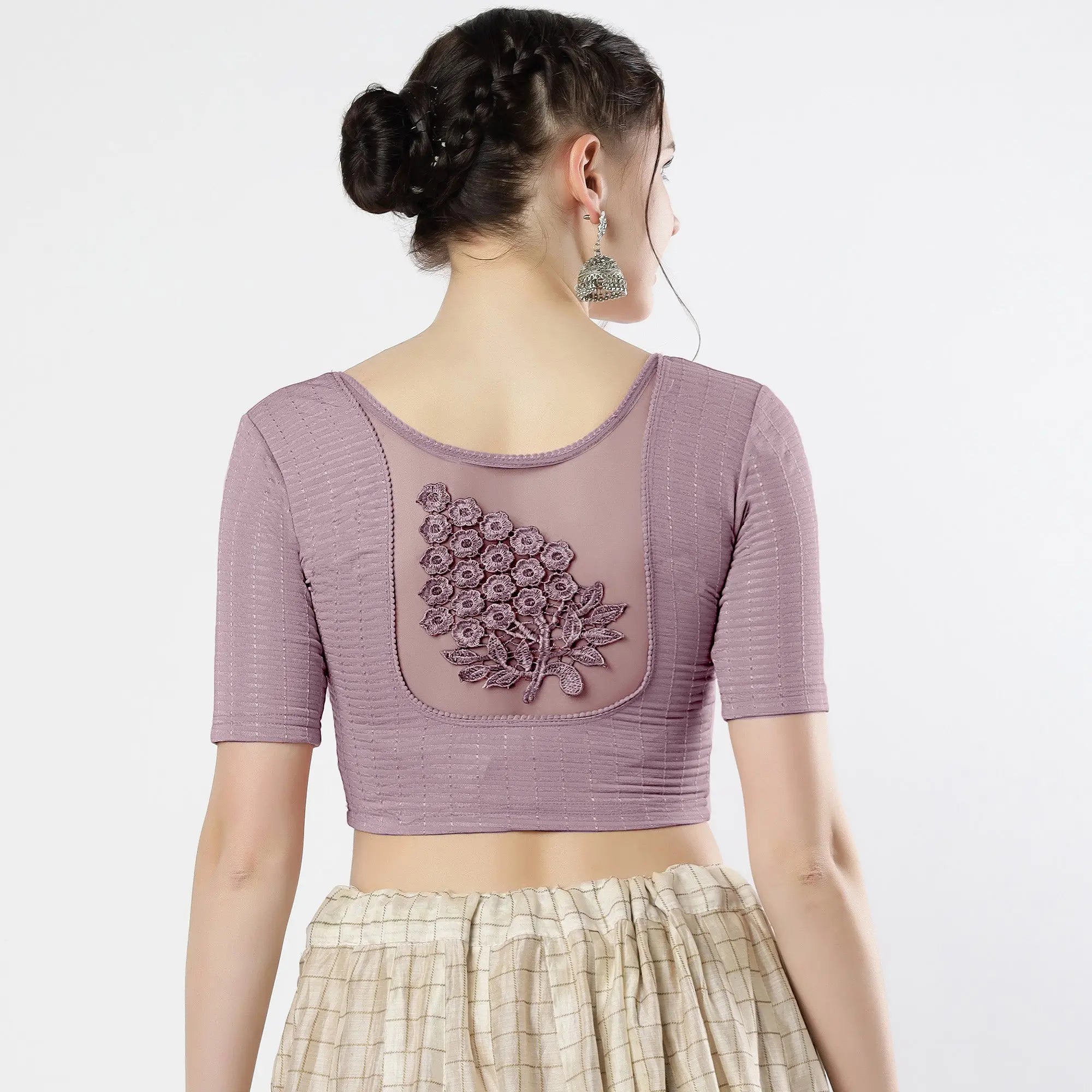 Stay On Trend: Latest Fashion Readymade Blouses for Women,round neckline,elbow sleeves with back details with an added hand dyed patch applique stitched on the net .40005 FINESTFIT