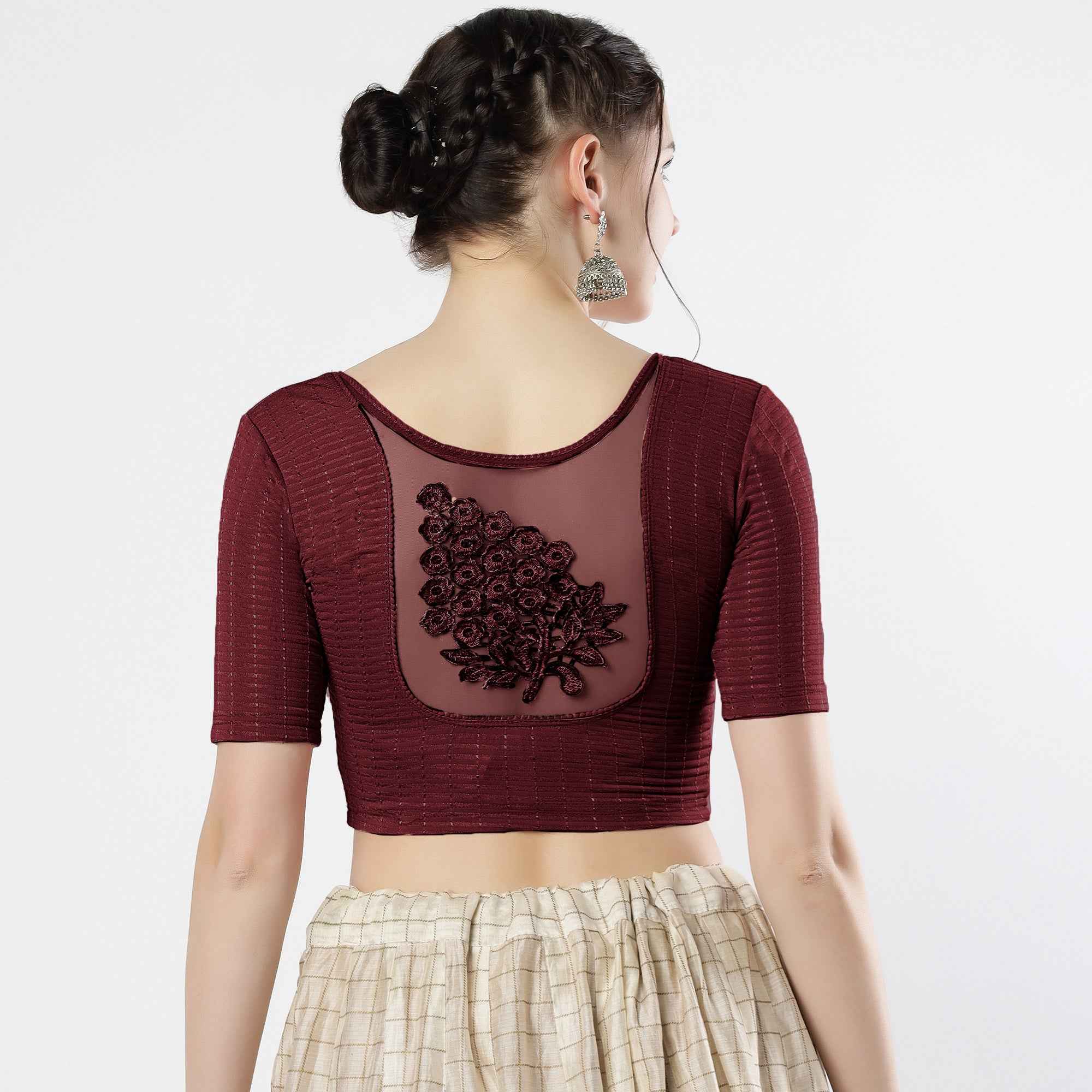 Stay On Trend: Latest Fashion Readymade Blouses for Women,round neckline,elbow sleeves with back details with an added hand dyed patch applique stitched on the net .40005