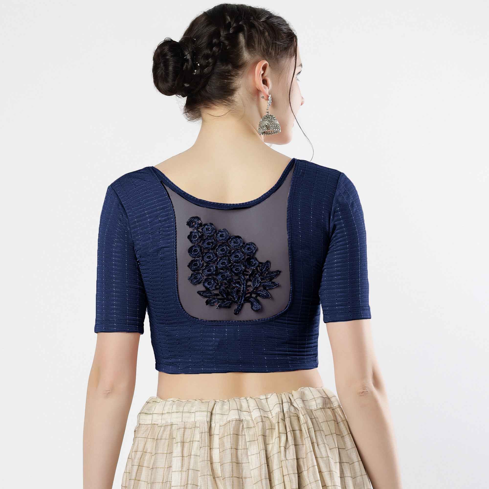 Stay On Trend: Latest Fashion Readymade Blouses for Women,round neckline,elbow sleeves with back details with an added hand dyed patch applique stitched on the net .40005