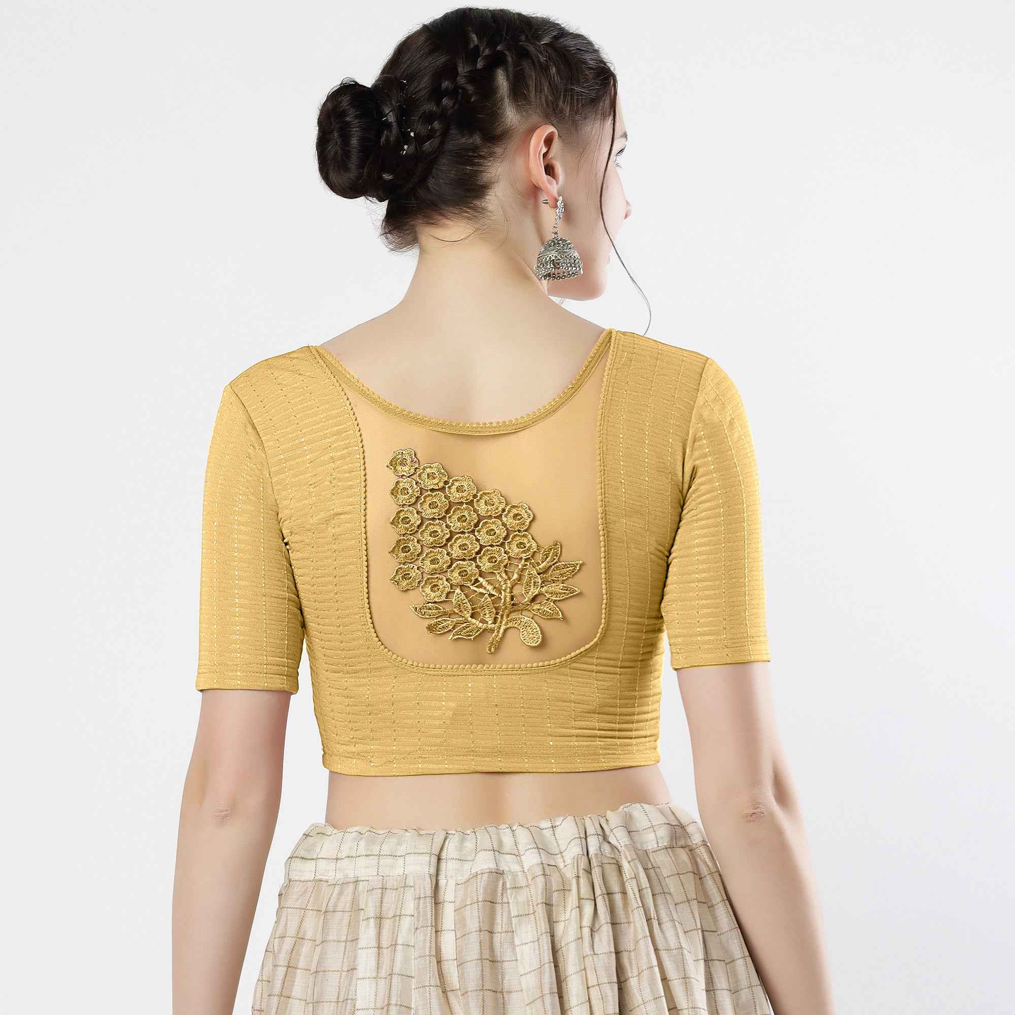 Stay On Trend: Latest Fashion Readymade Blouses for Women,round neckline,elbow sleeves with back details with an added hand dyed patch applique stitched on the net .40005