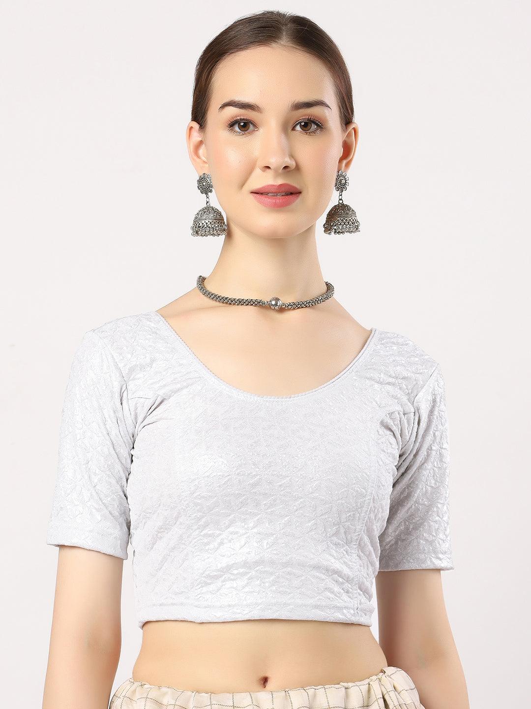 Stay On Trend: Latest Fashion Readymade Blouses for Women,round neckline,elbow sleeves in shimmer textured fabric.28008.