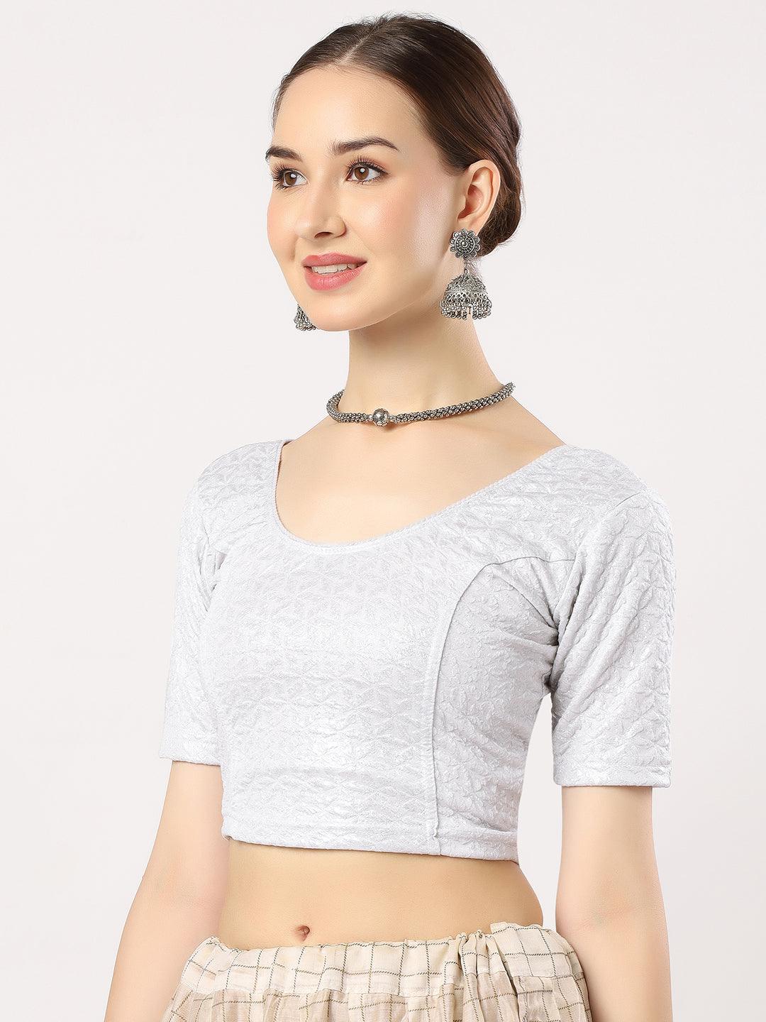 Stay On Trend: Latest Fashion Readymade Blouses for Women,round neckline,elbow sleeves in shimmer textured fabric.28008.