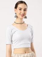 Stay On Trend: Latest Fashion Readymade Blouses for Women,round neckline,elbow sleeves in shimmer textured fabric.28008.