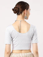 Stay On Trend: Latest Fashion Readymade Blouses for Women,round neckline,elbow sleeves in shimmer textured fabric.28008.