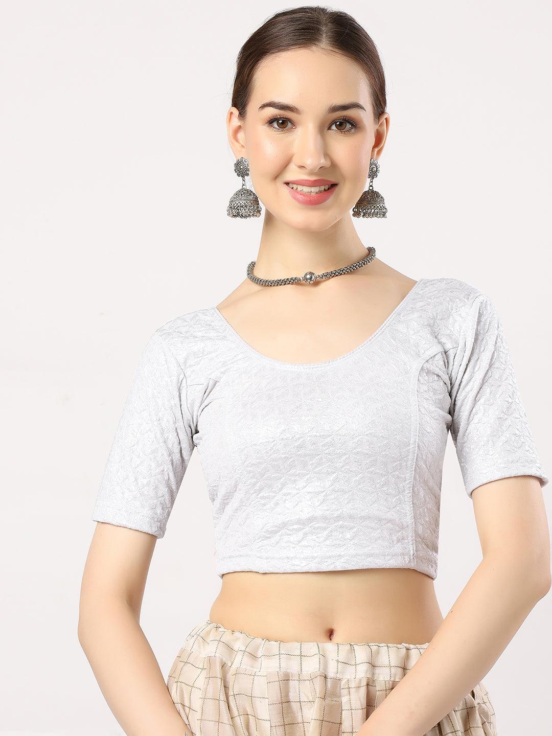 Stay On Trend: Latest Fashion Readymade Blouses for Women,round neckline,elbow sleeves in shimmer textured fabric.28008.