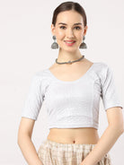 Stay On Trend: Latest Fashion Readymade Blouses for Women,round neckline,elbow sleeves in shimmer textured fabric.28008.