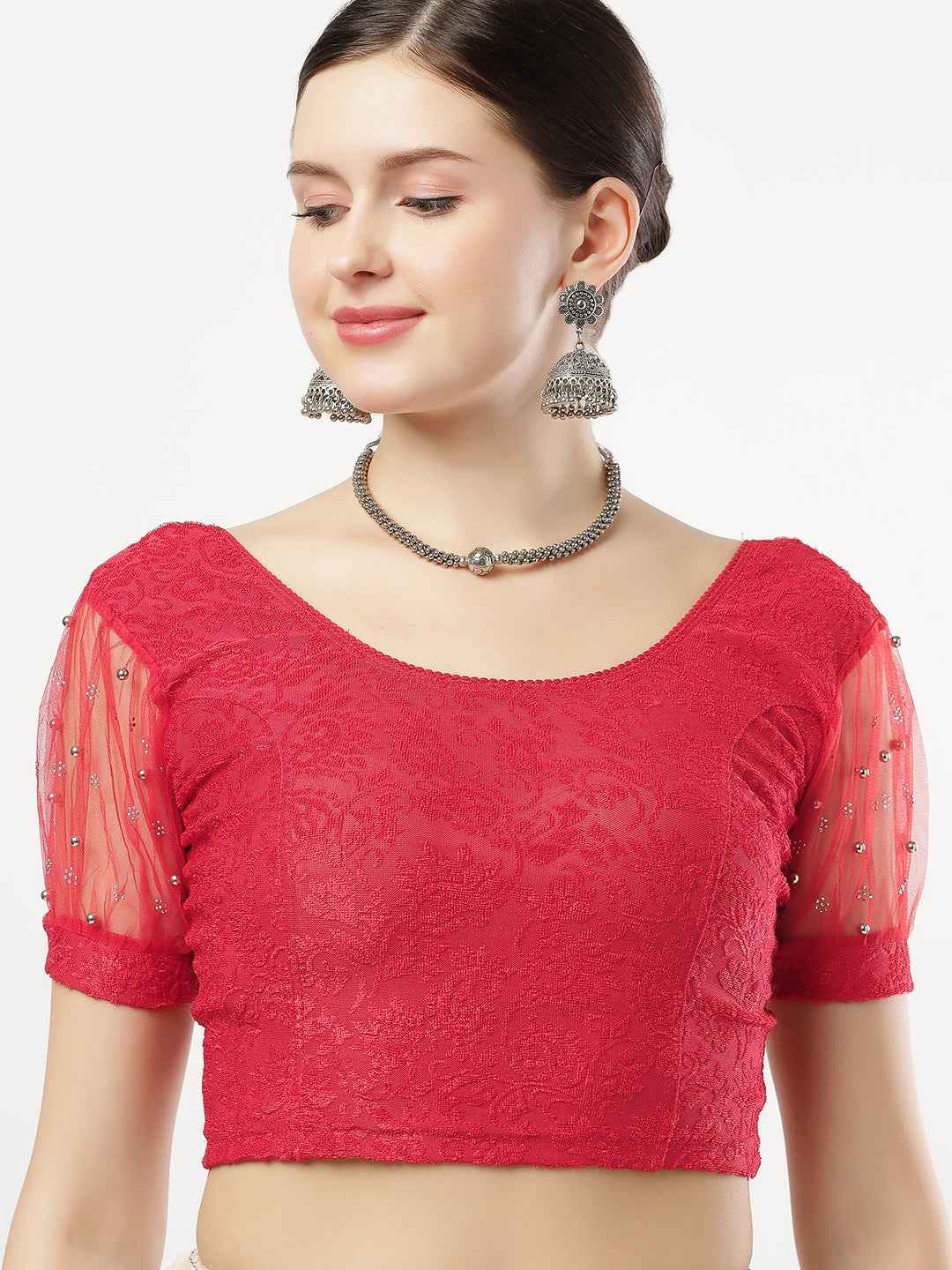 Stay On Trend: Latest Fashion Readymade Blouses for Women,round neckline,net balloon sleeves covered with swarovski and beads .33005