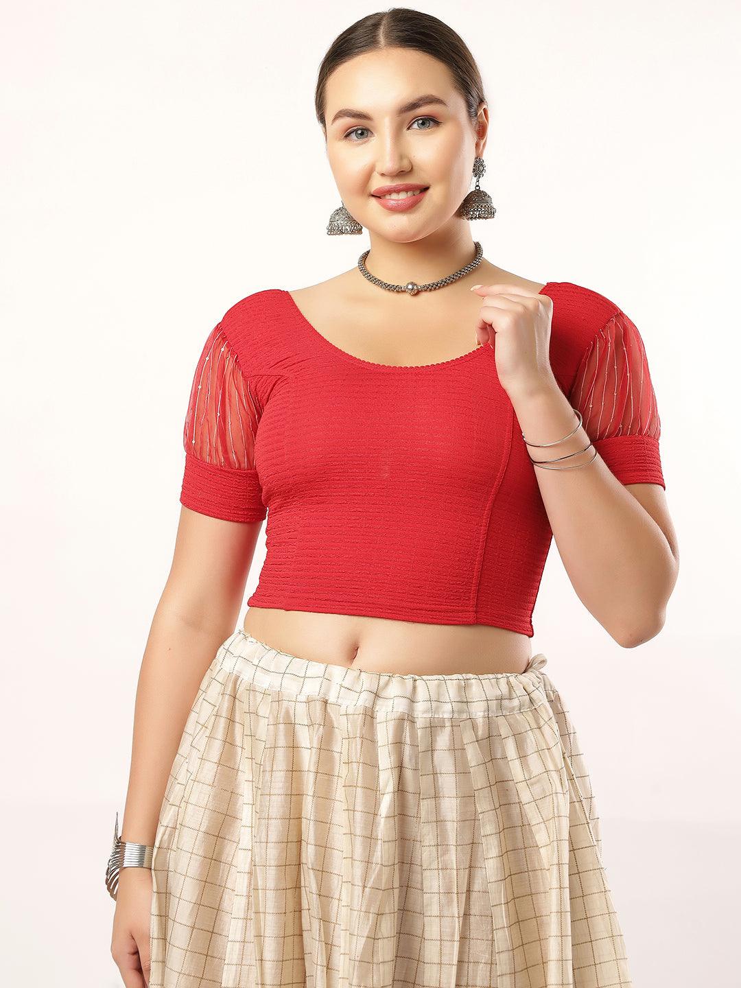 Stay On Trend: Latest Fashion Readymade Blouses for Women,round neckline,organza balloon sleeves and fabric cuff.5985.