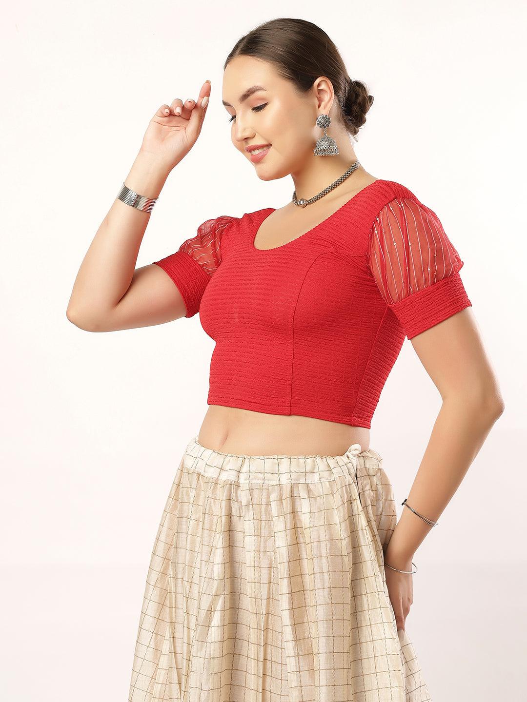 Stay On Trend: Latest Fashion Readymade Blouses for Women,round neckline,organza balloon sleeves and fabric cuff.5985.