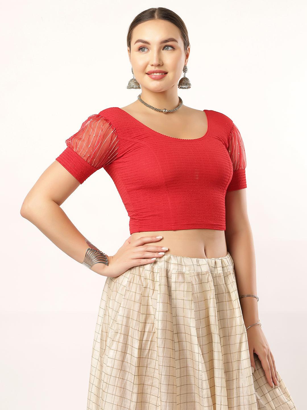 Stay On Trend: Latest Fashion Readymade Blouses for Women,round neckline,organza balloon sleeves and fabric cuff.5985.