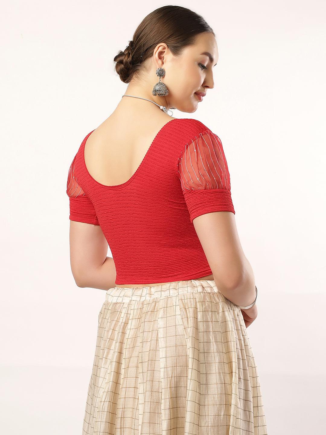 Stay On Trend: Latest Fashion Readymade Blouses for Women,round neckline,organza balloon sleeves and fabric cuff.5985.
