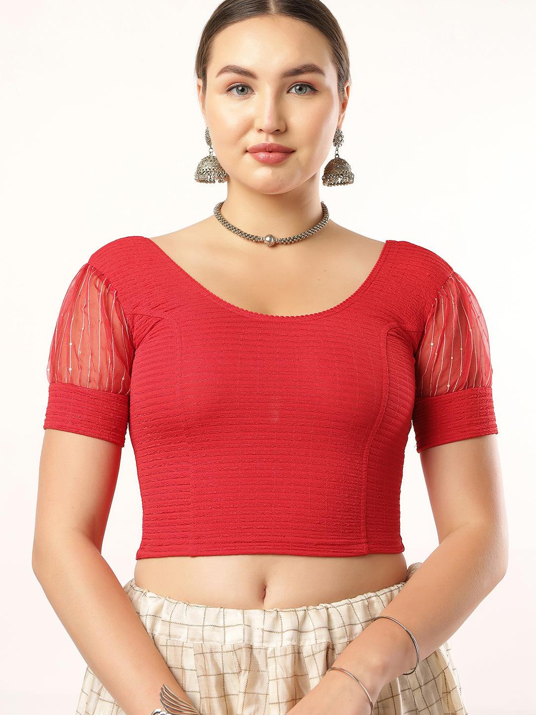 Stay On Trend: Latest Fashion Readymade Blouses for Women,round neckline,organza balloon sleeves and fabric cuff.5985.