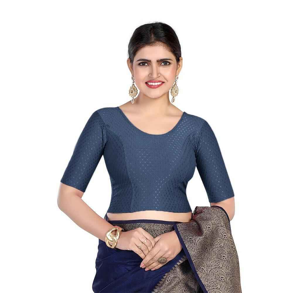 FINESTFIT 100% Cotton Fabric Stretchable Round Neck Elbow Sleeve Readymade Saree Blouse for Women - 4096 (Copy)